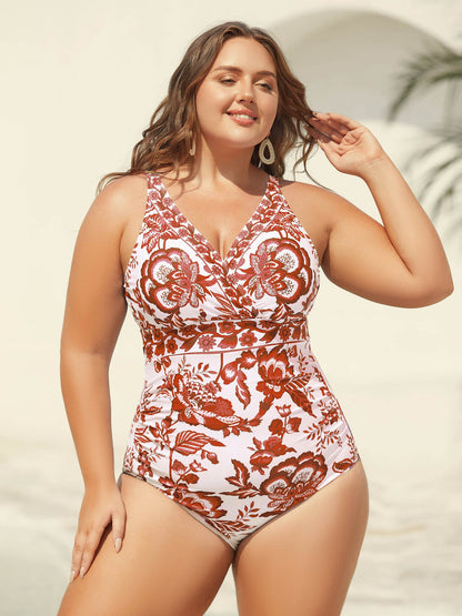 Two-Piece Floral Print Ruched Mesh Swimsuit, Sarong