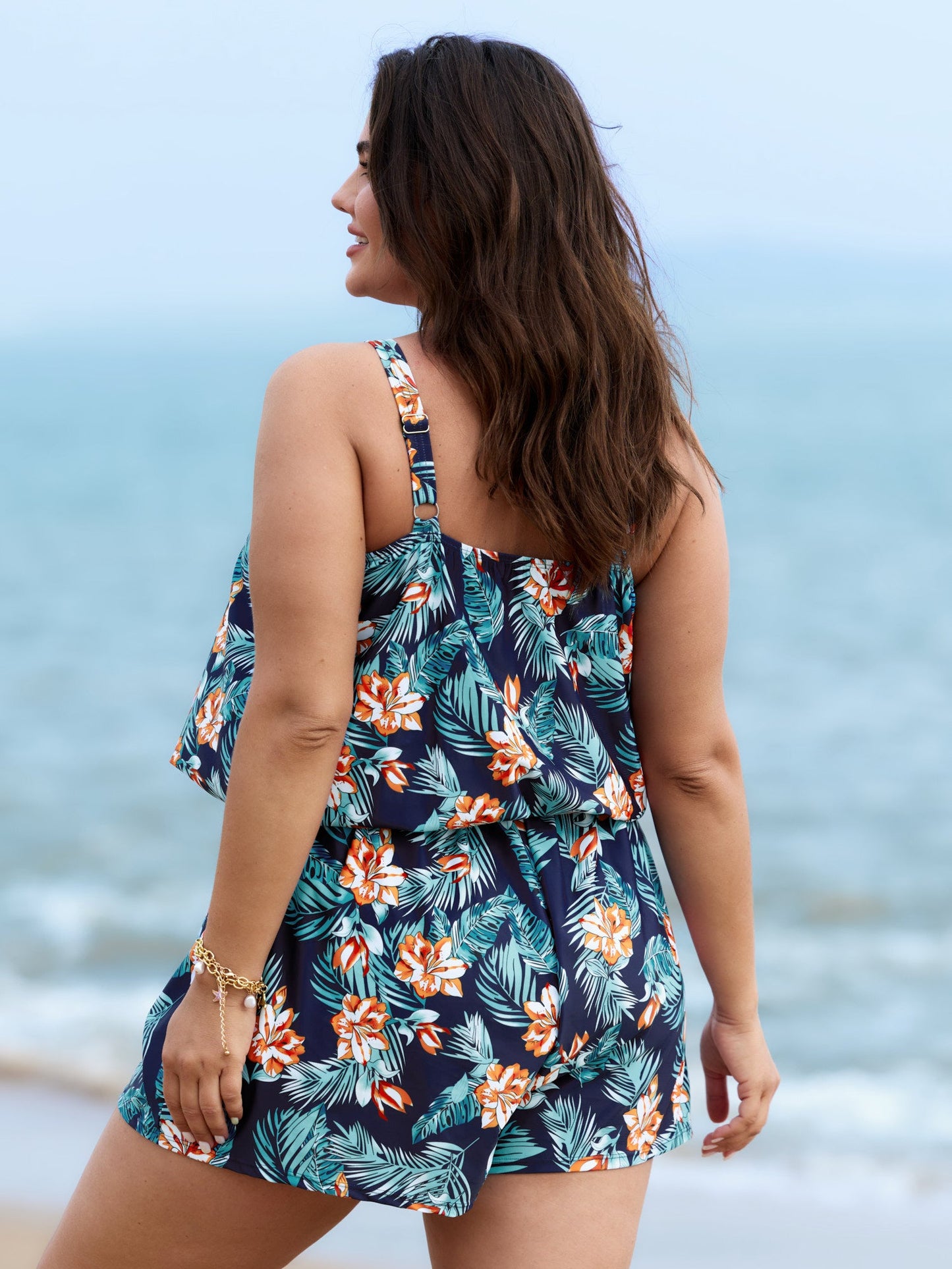 Tropical Flower Print Pockets One-Piece Swimsuit