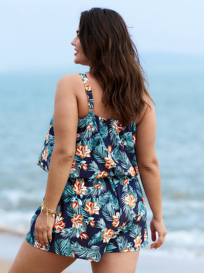 Tropical Flower Print Pockets One-Piece Swimsuit