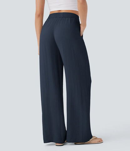 High Waisted Drawstring Pocket Wide Leg Casual Linen-Feel Trousers