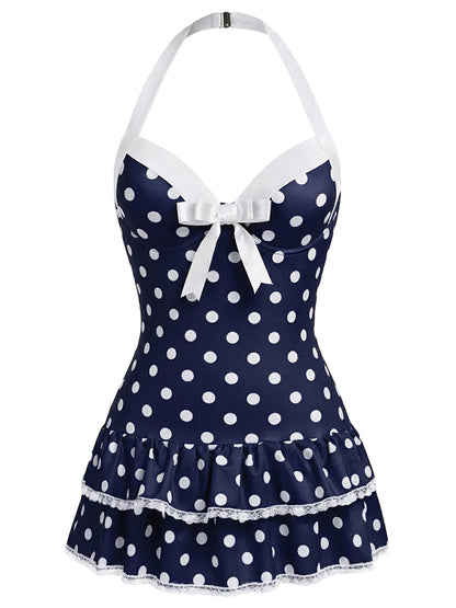 Pink 1940s Halter Polka Dots Bow One-Piece Swimsuit