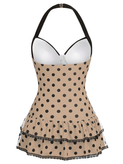 Pink 1940s Halter Polka Dots Bow One-Piece Swimsuit