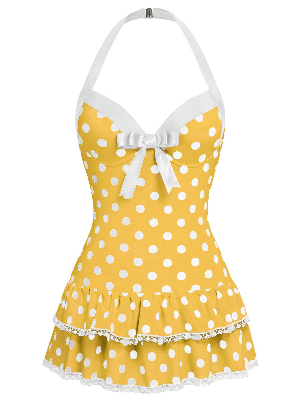 Pink 1940s Halter Polka Dots Bow One-Piece Swimsuit