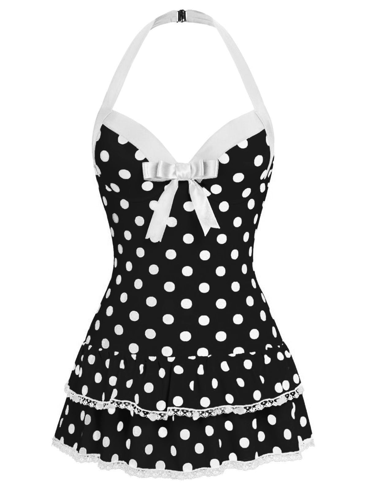 Pink 1940s Halter Polka Dots Bow One-Piece Swimsuit