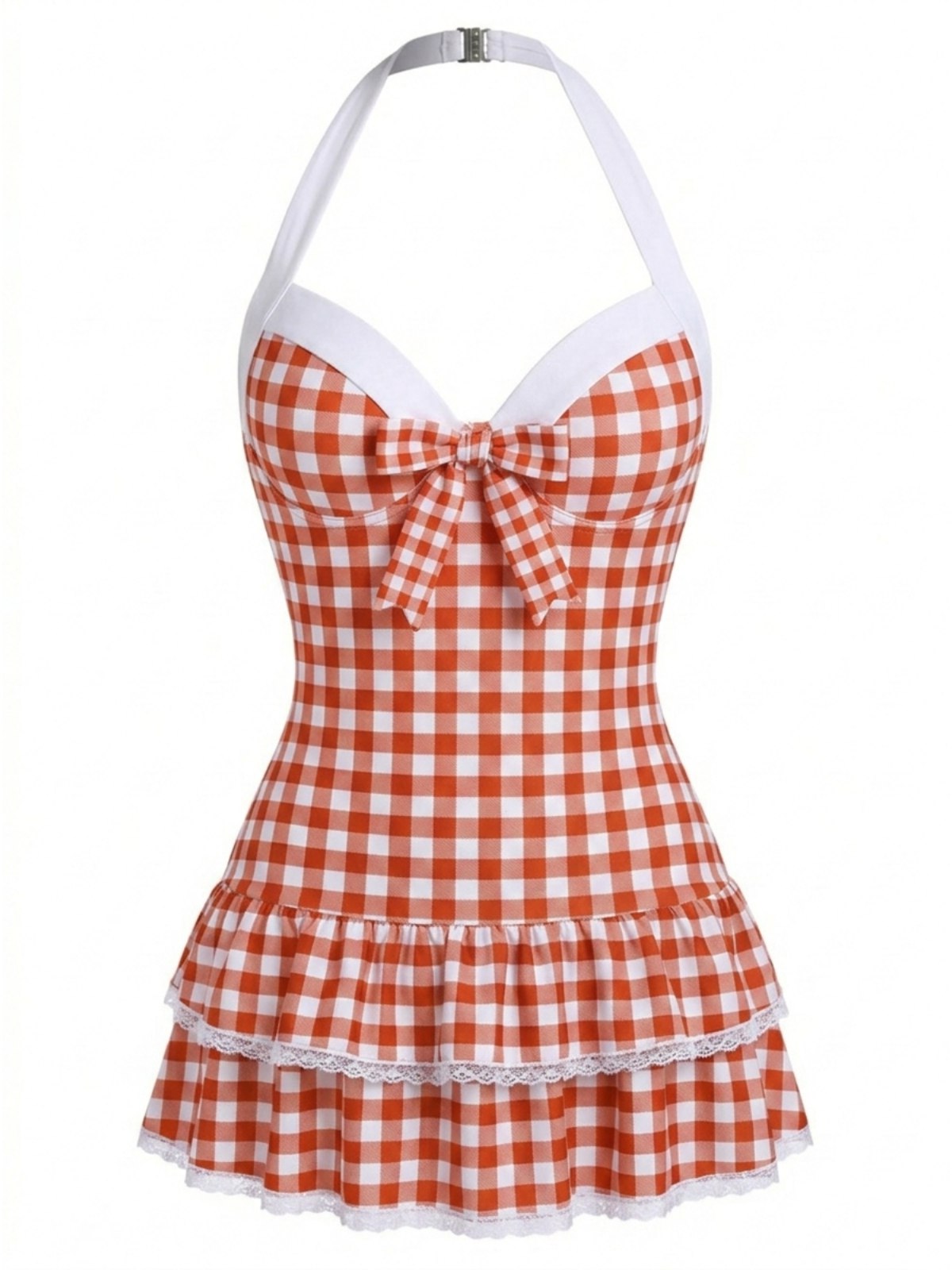 Pink 1940s Halter Polka Dots Bow One-Piece Swimsuit