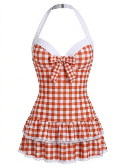 Pink 1940s Halter Polka Dots Bow One-Piece Swimsuit