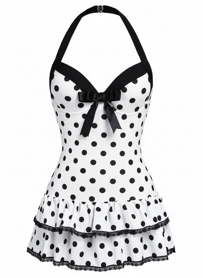 Pink 1940s Halter Polka Dots Bow One-Piece Swimsuit