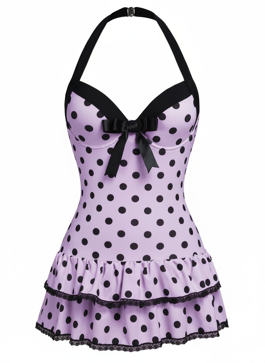 Pink 1940s Halter Polka Dots Bow One-Piece Swimsuit