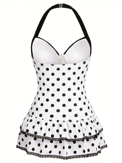Pink 1940s Halter Polka Dots Bow One-Piece Swimsuit