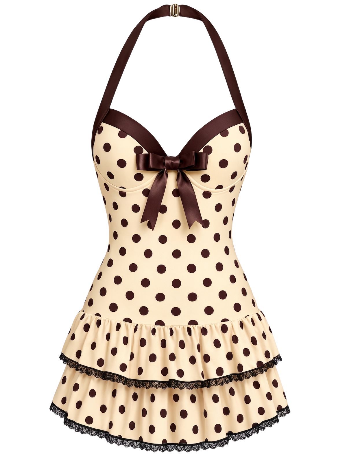 Pink 1940s Halter Polka Dots Bow One-Piece Swimsuit