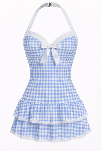 Pink 1940s Halter Polka Dots Bow One-Piece Swimsuit