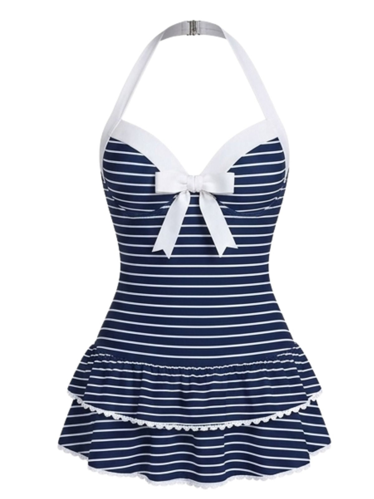Pink 1940s Halter Polka Dots Bow One-Piece Swimsuit