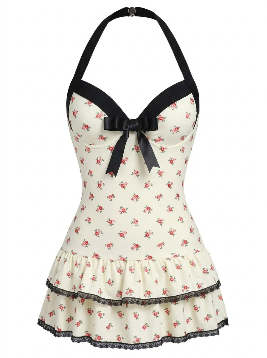 Pink 1940s Halter Polka Dots Bow One-Piece Swimsuit
