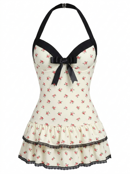 Pink 1940s Halter Polka Dots Bow One-Piece Swimsuit