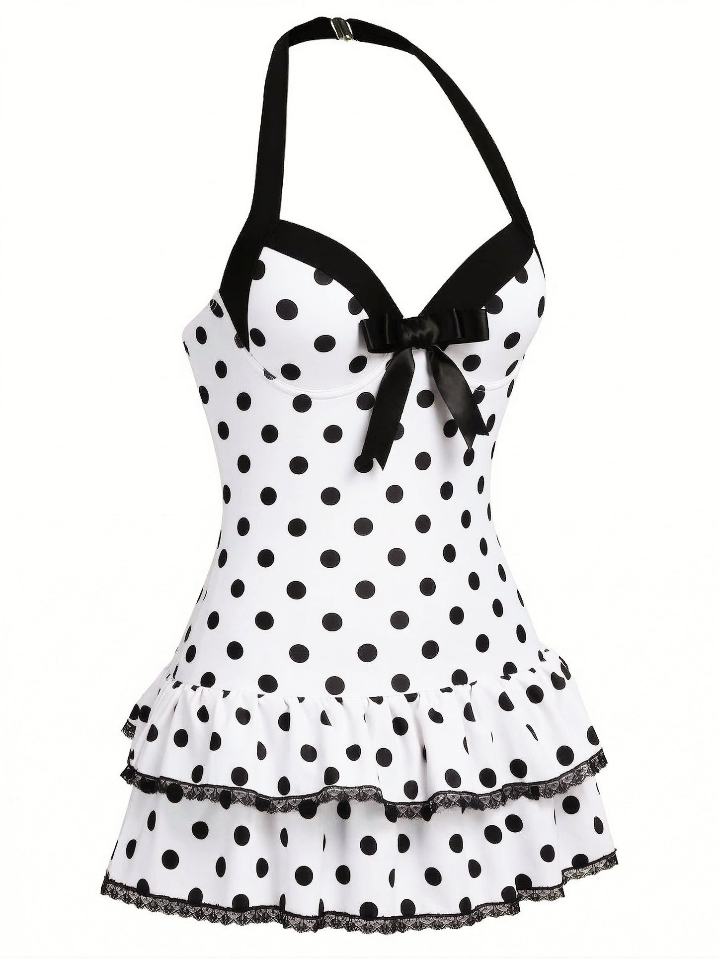 Pink 1940s Halter Polka Dots Bow One-Piece Swimsuit