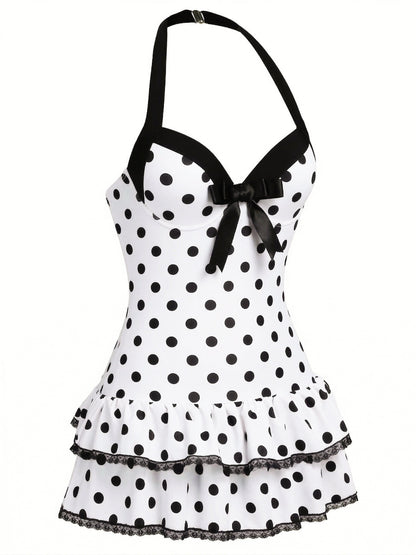 Pink 1940s Halter Polka Dots Bow One-Piece Swimsuit