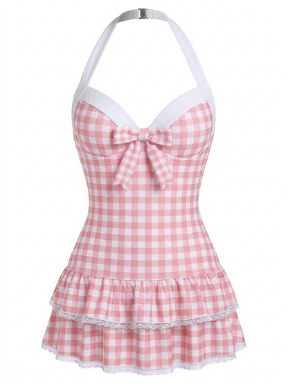 Pink 1940s Halter Polka Dots Bow One-Piece Swimsuit