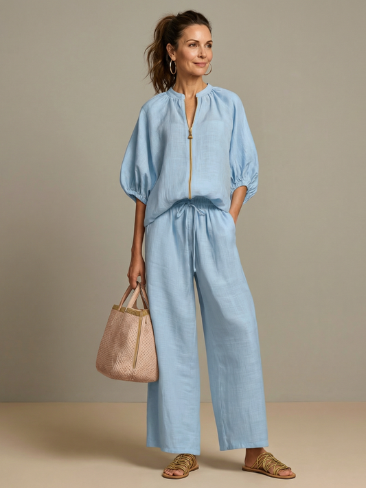 Natalia | Zip Front Blouson Top Wide Leg Set