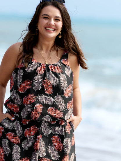 Tropical Flower Print Pockets One-Piece Swimsuit