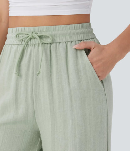 High Waisted Drawstring Pocket Wide Leg Casual Linen-Feel Trousers