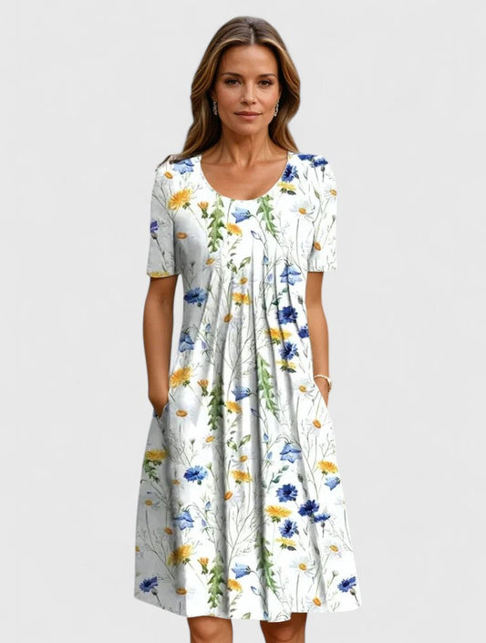 WOMEN – Flattering Waist Pleated Midi Dress with Hidden Pockets for Brunch & Evening Events