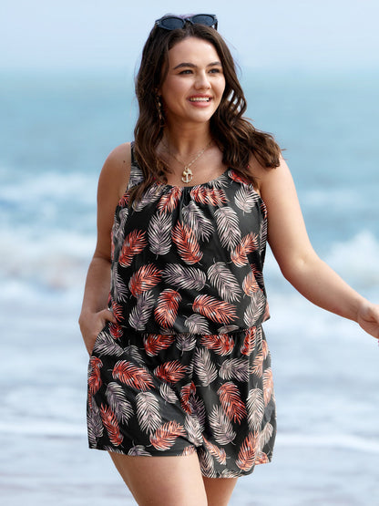 Tropical Flower Print Pockets One-Piece Swimsuit