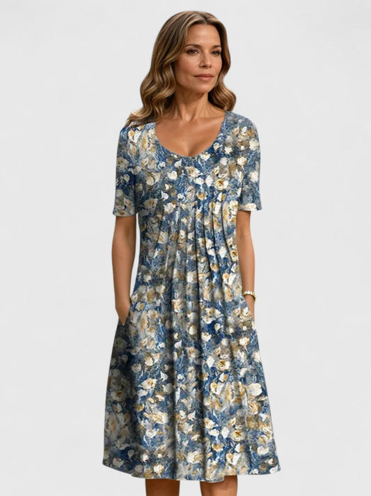 WOMEN – Flattering Waist Pleated Midi Dress with Hidden Pockets for Brunch & Evening Events