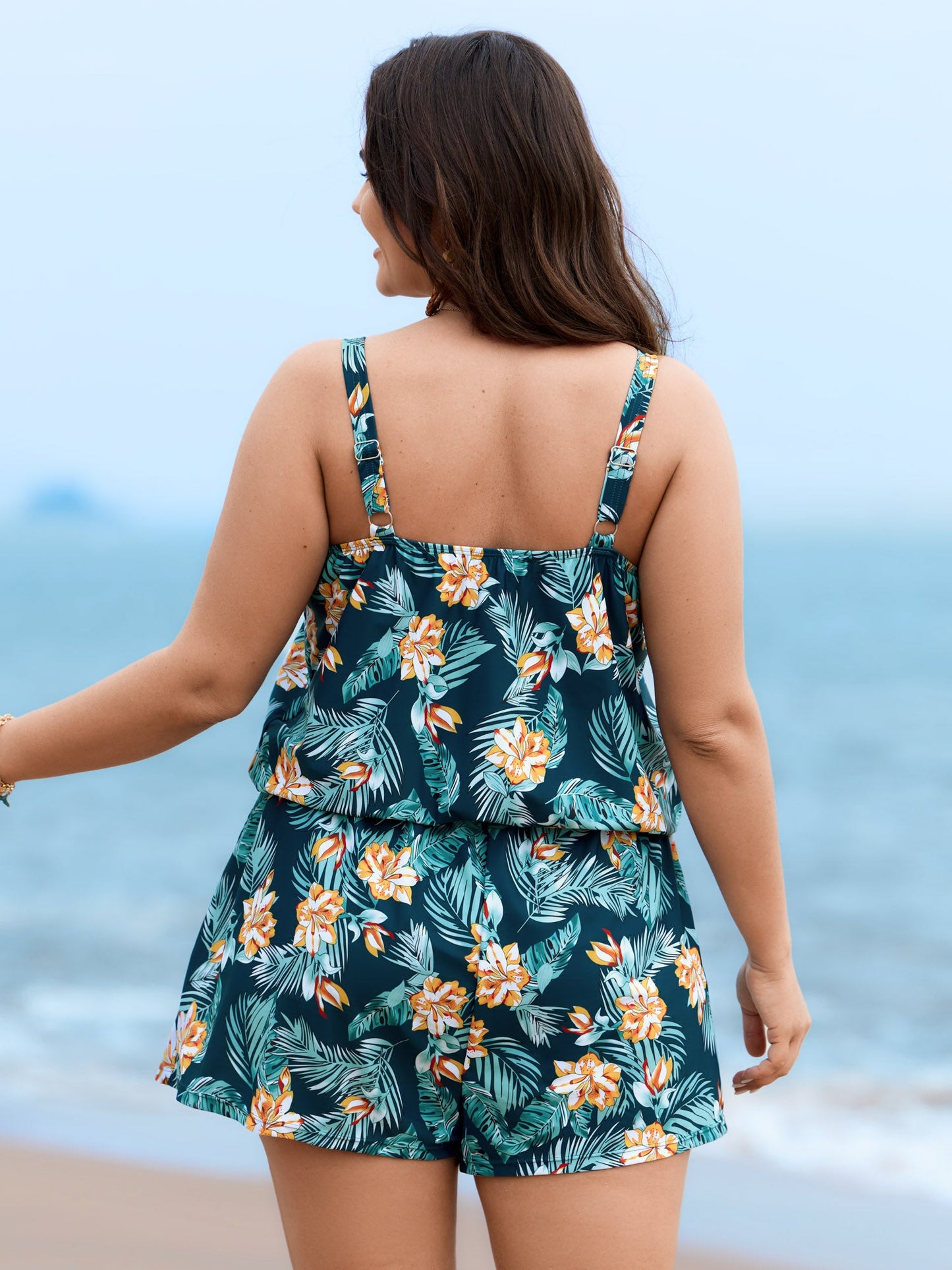 Tropical Flower Print Pockets One-Piece Swimsuit