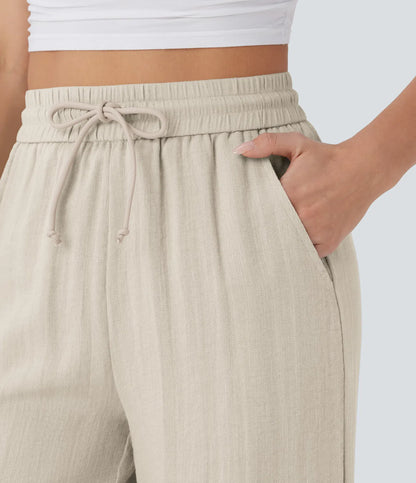 High Waisted Drawstring Pocket Wide Leg Casual Linen-Feel Trousers