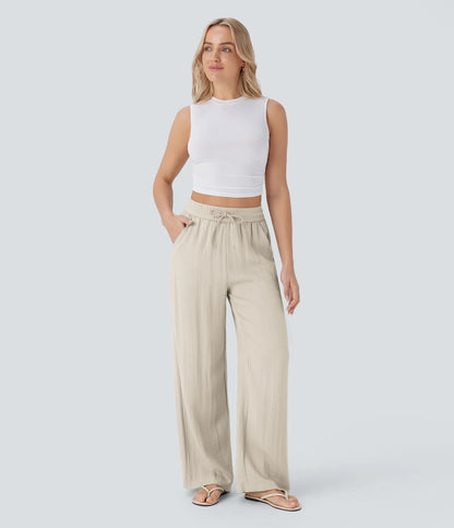 High Waisted Drawstring Pocket Wide Leg Casual Linen-Feel Trousers