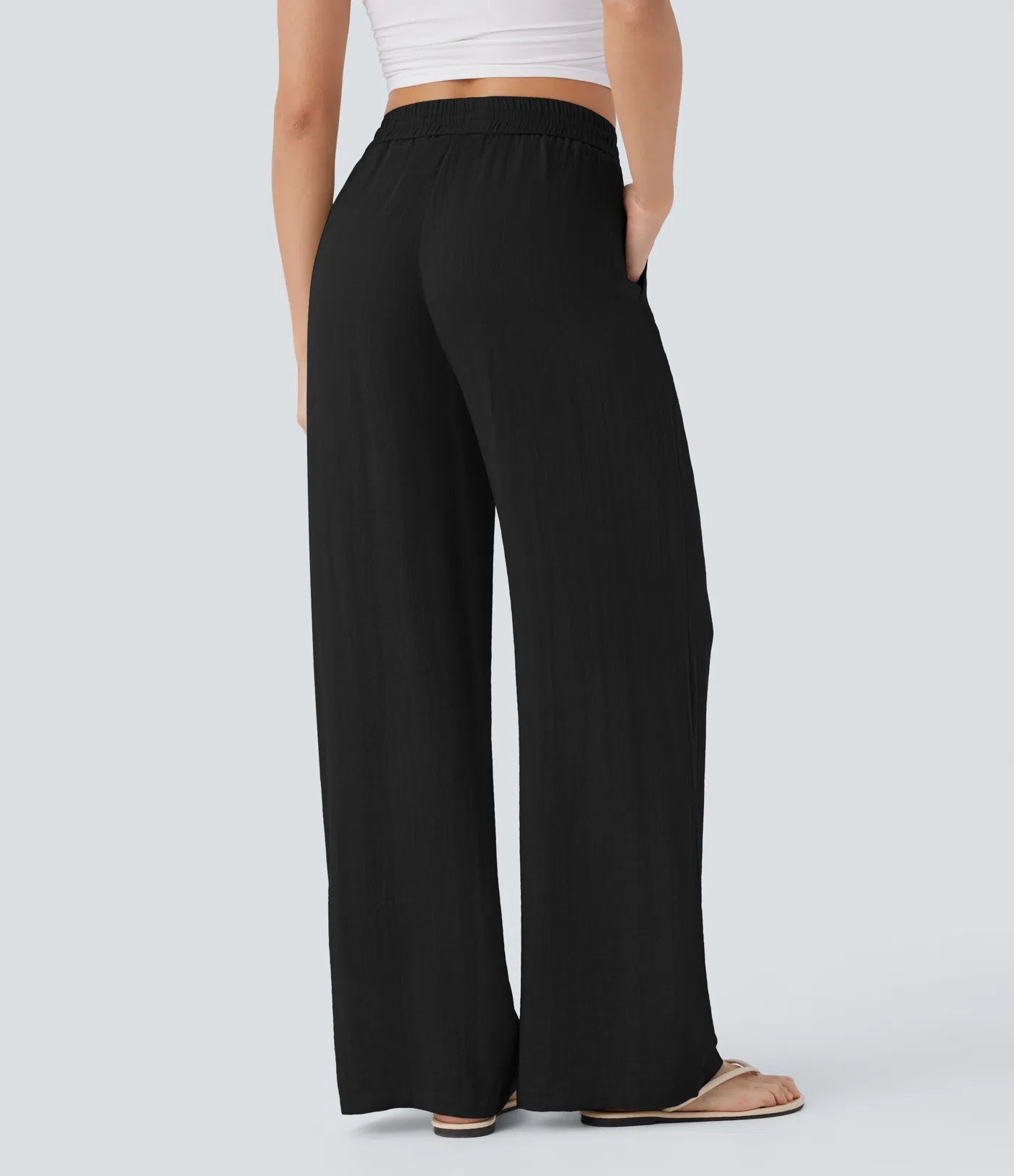 High Waisted Drawstring Pocket Wide Leg Casual Linen-Feel Trousers