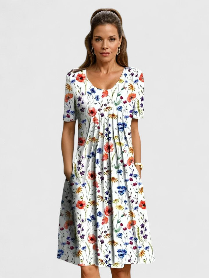 WOMEN – Flattering Waist Pleated Midi Dress with Hidden Pockets for Brunch & Evening Events