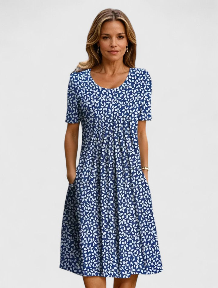 WOMEN – Flattering Waist Pleated Midi Dress with Hidden Pockets for Brunch & Evening Events