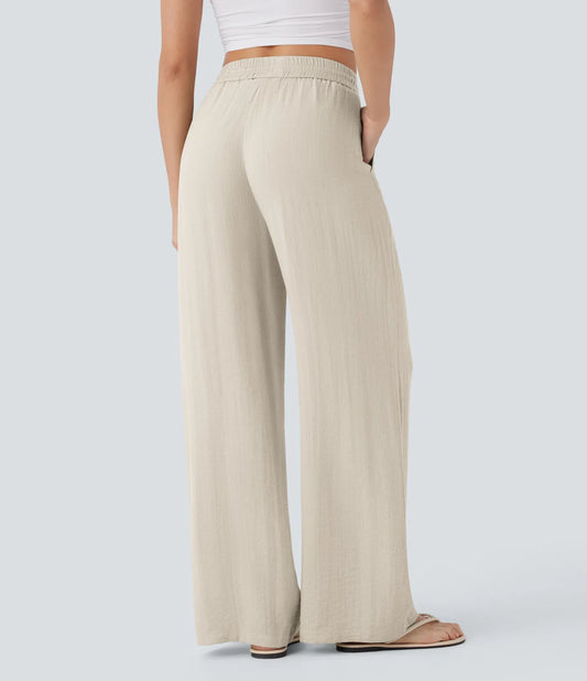 High Waisted Drawstring Pocket Wide Leg Casual Linen-Feel Trousers