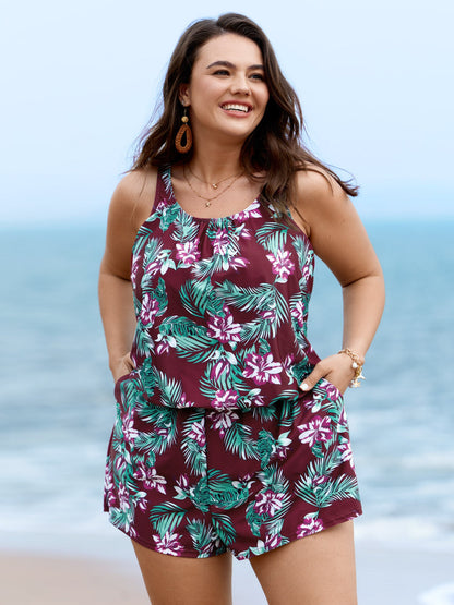 Tropical Flower Print Pockets One-Piece Swimsuit