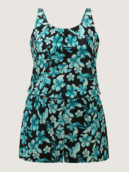 Tropical Flower Print Pockets One-Piece Swimsuit