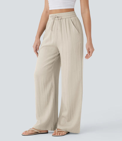 High Waisted Drawstring Pocket Wide Leg Casual Linen-Feel Trousers
