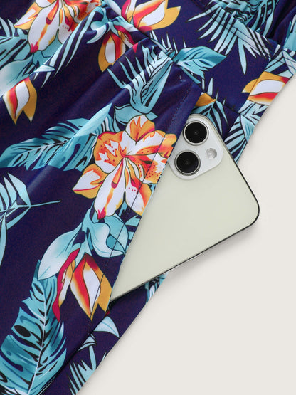 Tropical Flower Print Pockets One-Piece Swimsuit