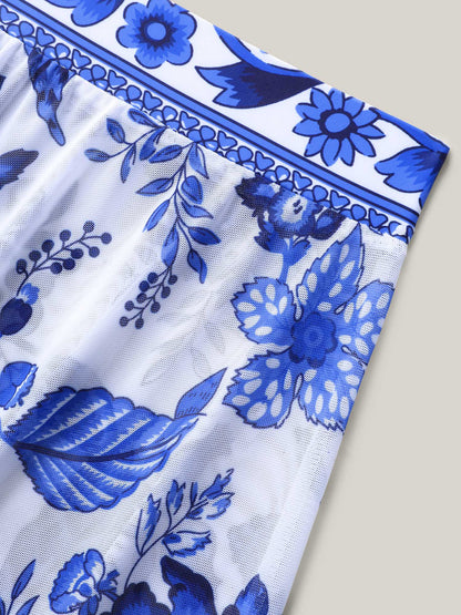 Two-Piece Floral Print Ruched Mesh Swimsuit, Sarong