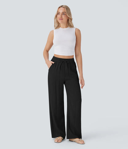 High Waisted Drawstring Pocket Wide Leg Casual Linen-Feel Trousers
