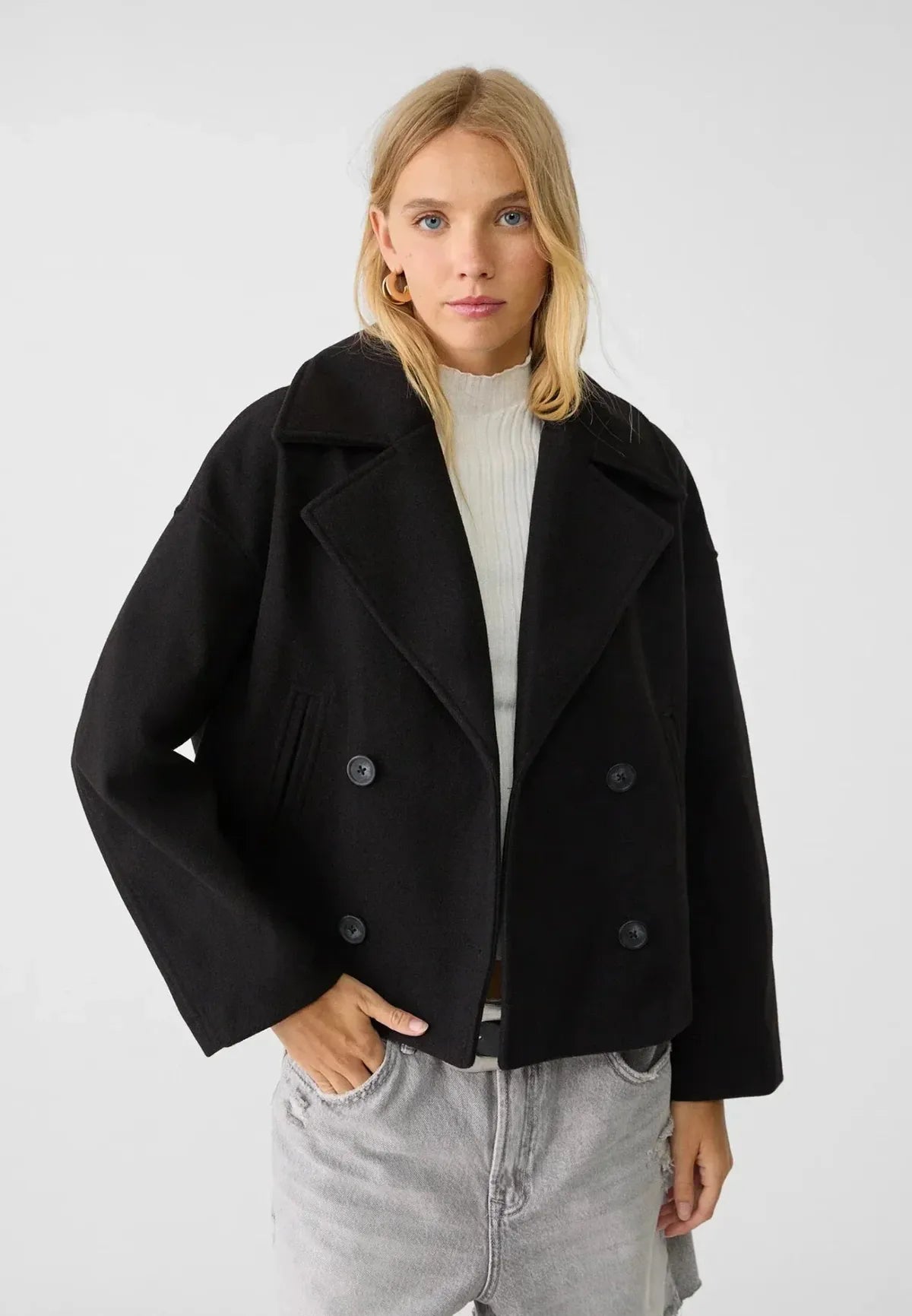 Cropped Oversized Double-Breasted Wool Blend Jacket