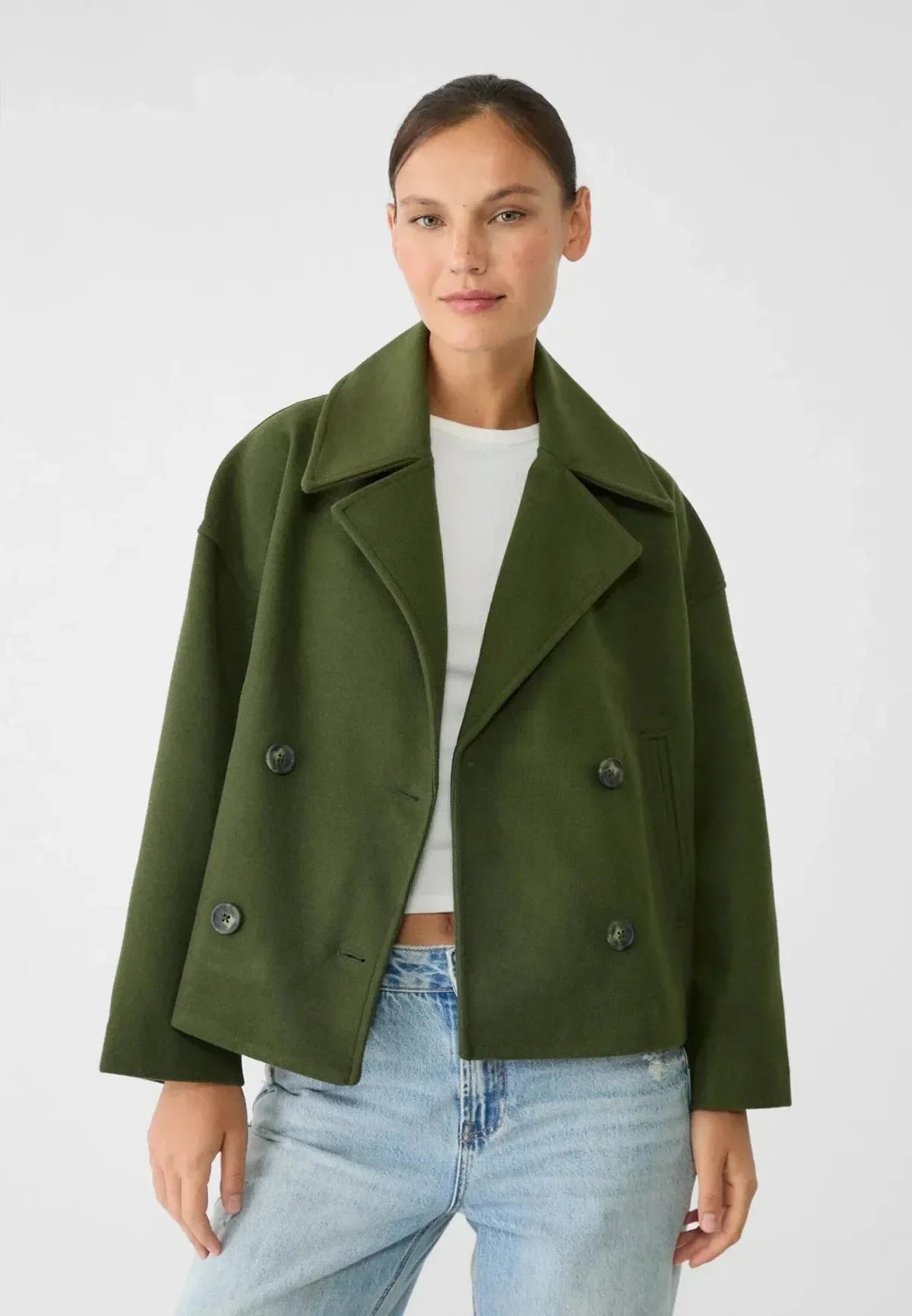 Cropped Oversized Double-Breasted Wool Blend Jacket