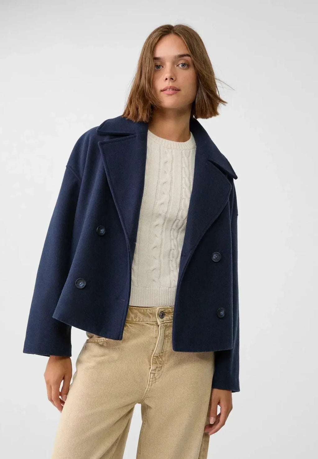 Cropped Oversized Double-Breasted Wool Blend Jacket