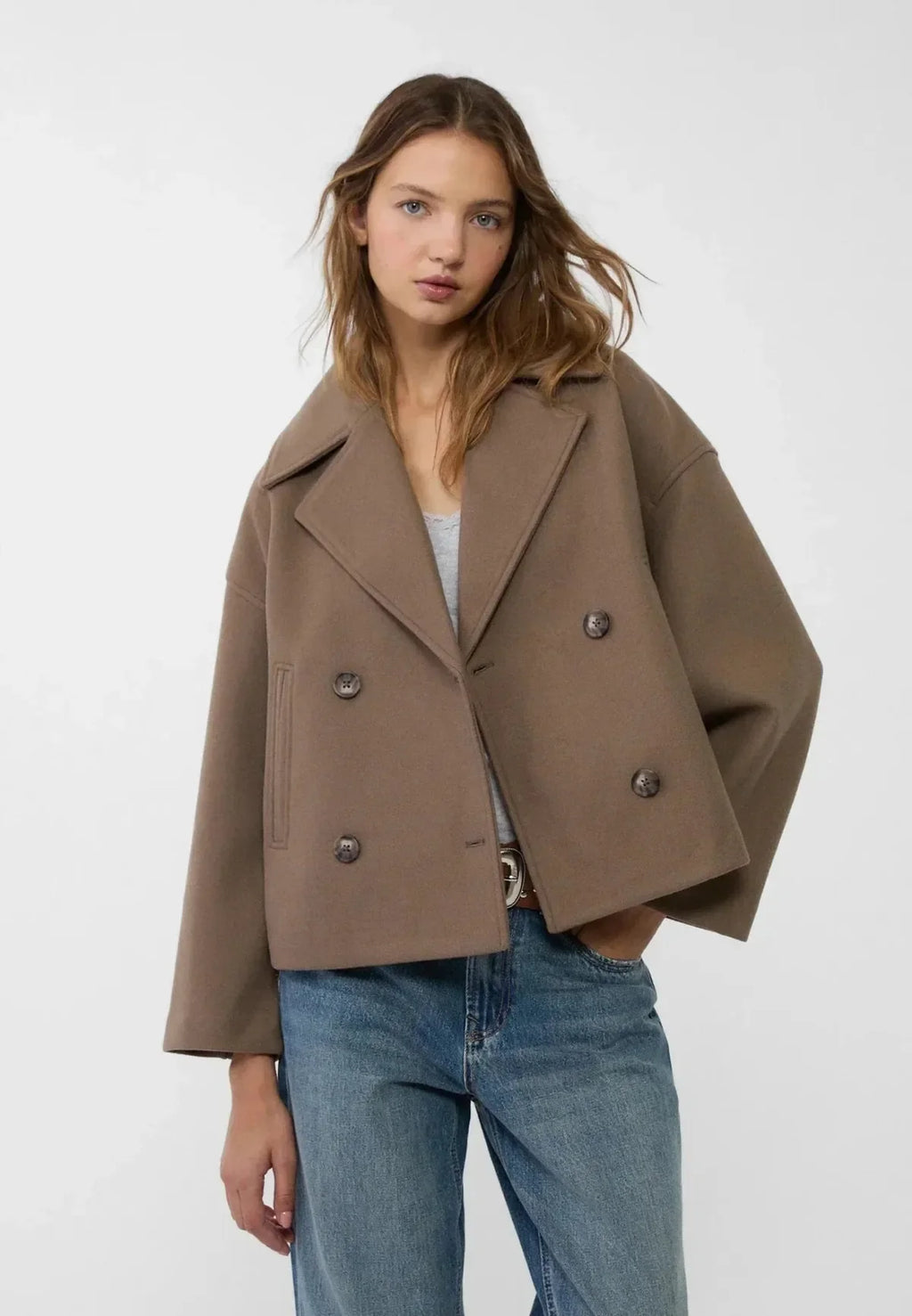 Cropped Oversized Double-Breasted Wool Blend Jacket