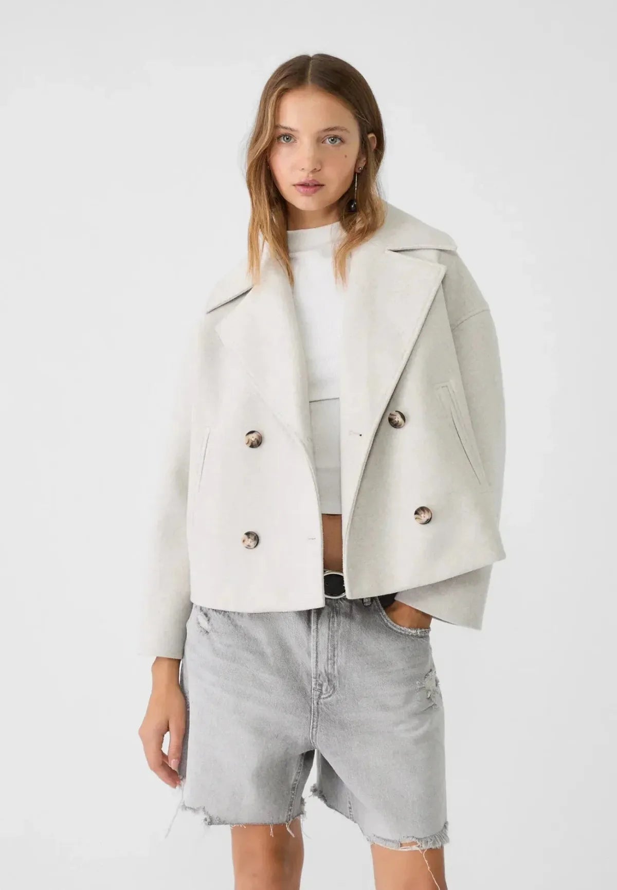 Cropped Oversized Double-Breasted Wool Blend Jacket