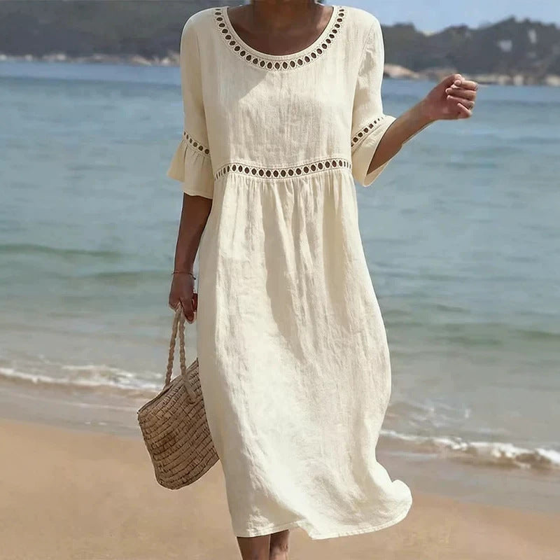 Relaxed Linen Summer Midi Dress with Hollow Out Detail and Flared Sleeves