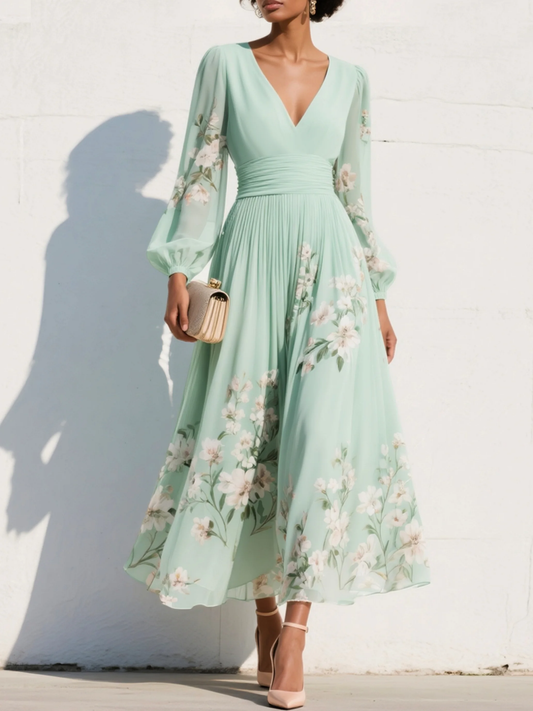 Nicola | V-Neck Chiffon Floral Midi Dress