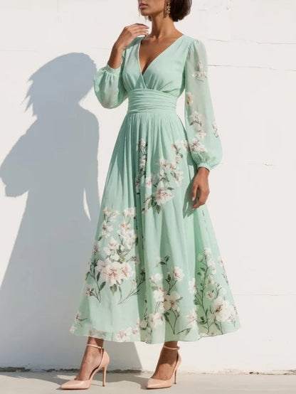 Nicola | V-Neck Chiffon Floral Midi Dress