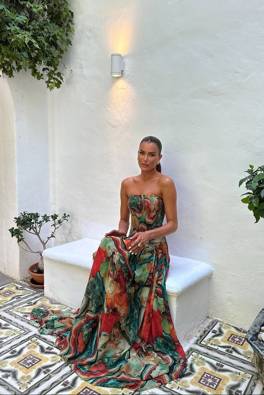 Bellamy | Summer Strapless Maxi Dress – Corset Tiered Wedding Guest Gown