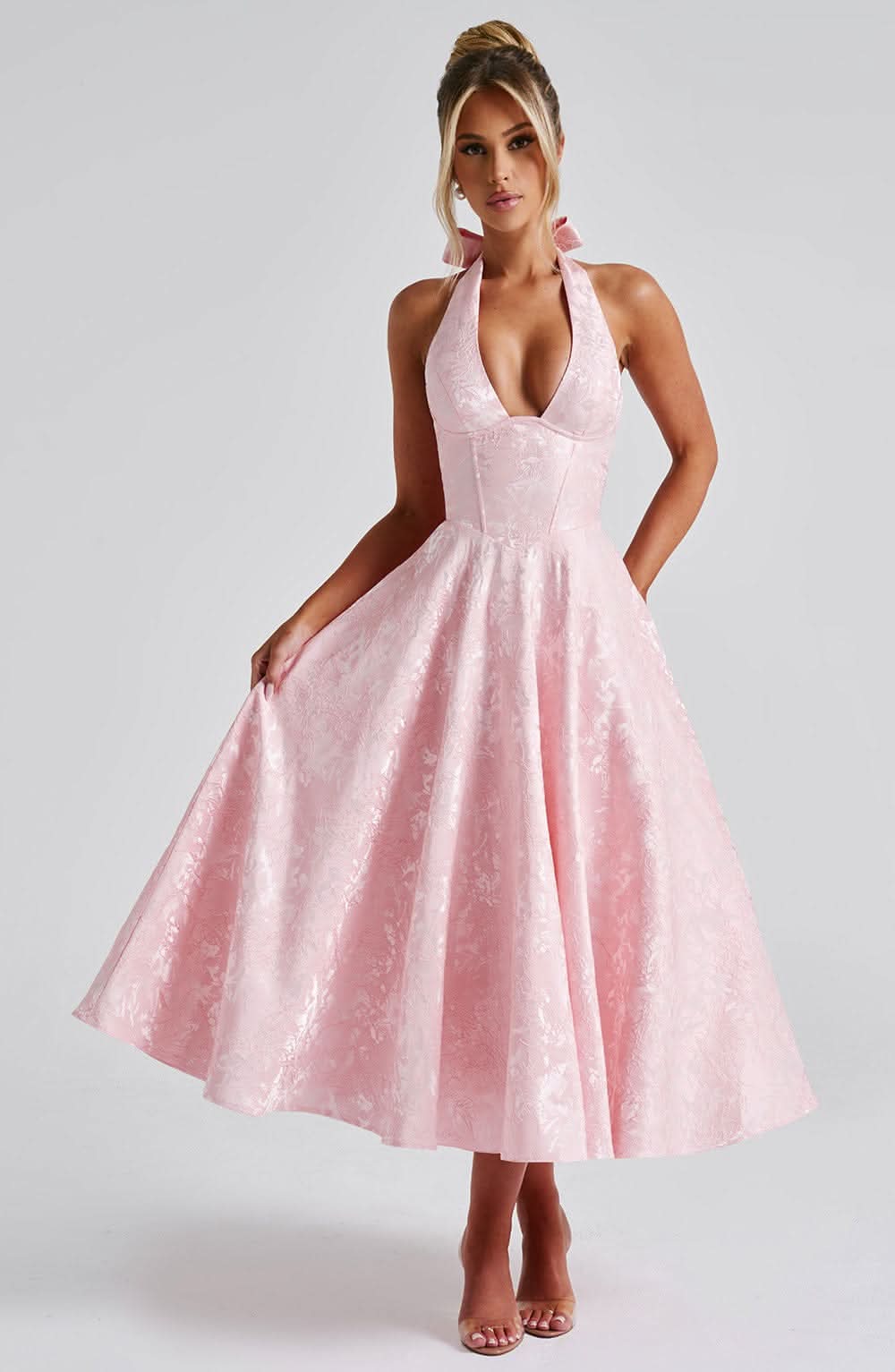 Floral Halter Midi Dress Wedding Guest Occasion Dress